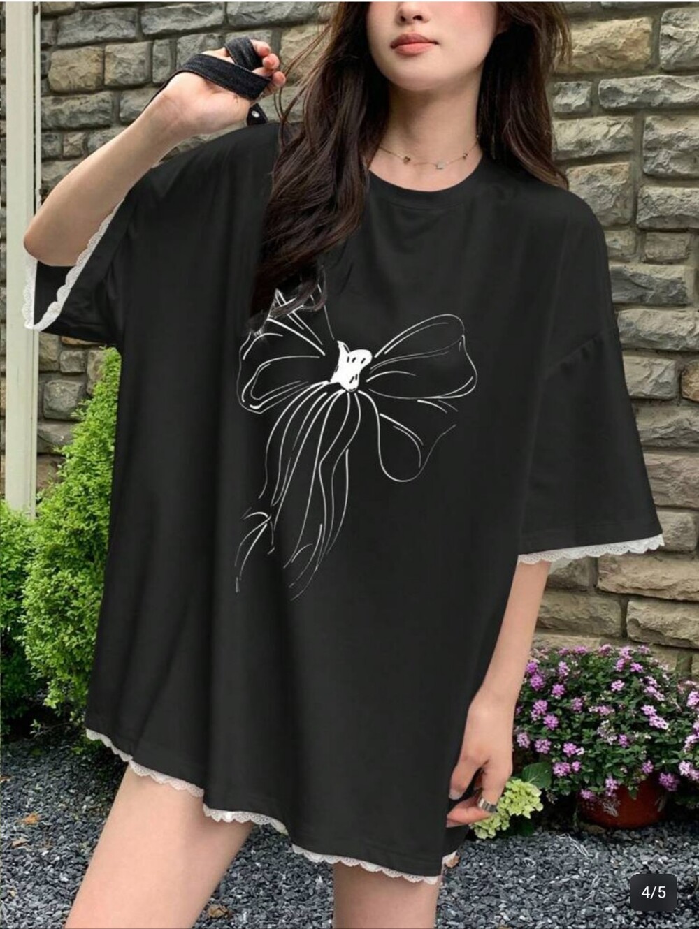 SHEIN Dazy Black Short Sleeve Tee with White Bow Doodle Art Graphic Women Large - Picture 6 of 8